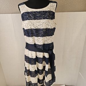 Signature Robbie Bee Sz16 Stripe Lace Dress Ribbon Nautical Coastal Mimimal M223